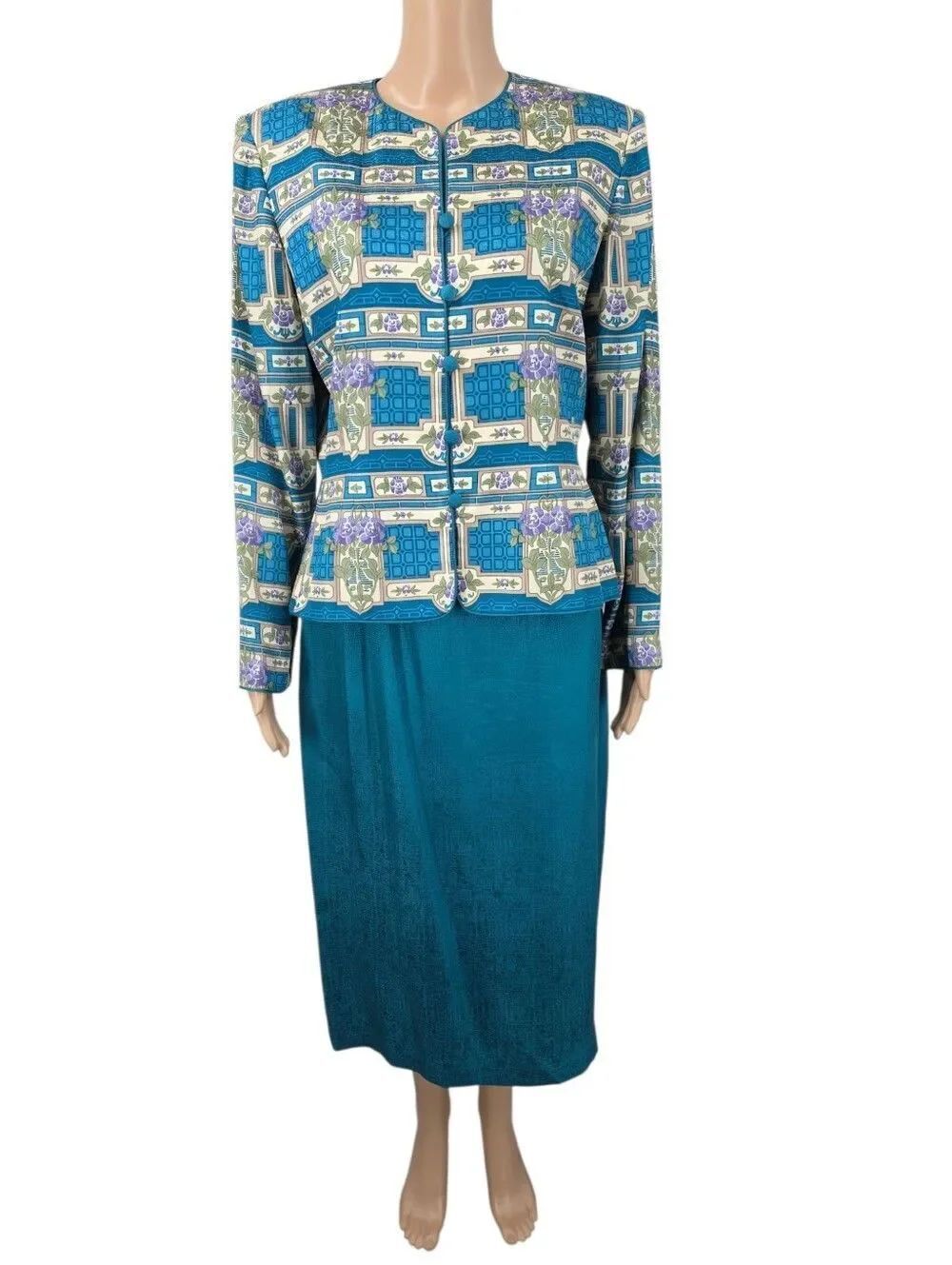 Silk Adrianna Papell Teal Striped Floral Jacket and Skirt Suit Set Cream Purple